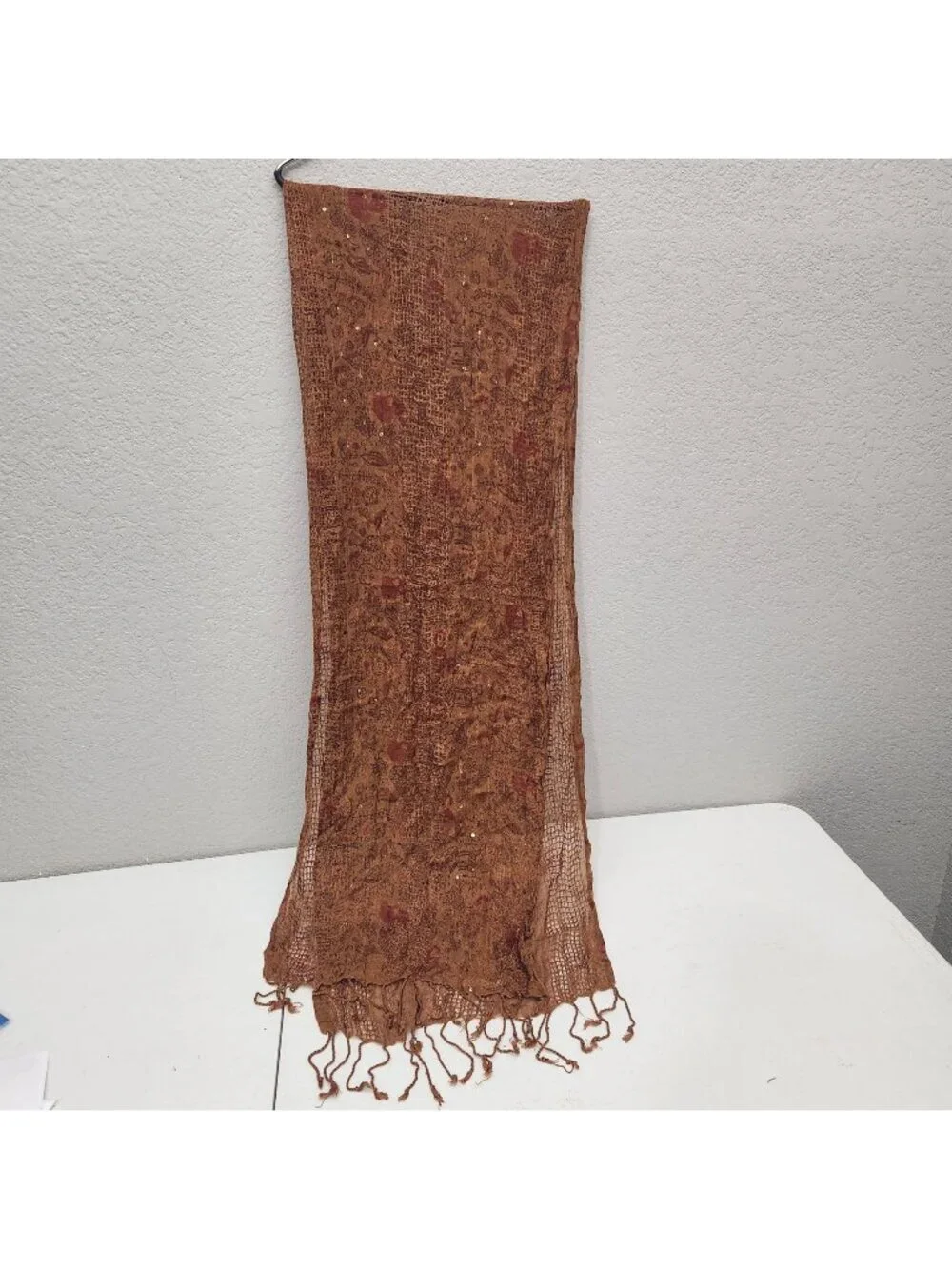 Lightweight Brown Paisley Sequin Scarf With Fringe Detail - Made In India - 100%